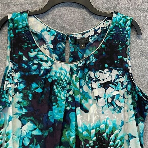 NWT WORTHINGTON Tank Top Women's 1X Blue Green Floral Sleeveless Pleated Keyhole - Picture 2 of 14
